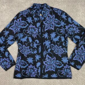 Peruvian Link Alpaca Sweater Women's Medium Blue Black Full Zip Cardigan Peru